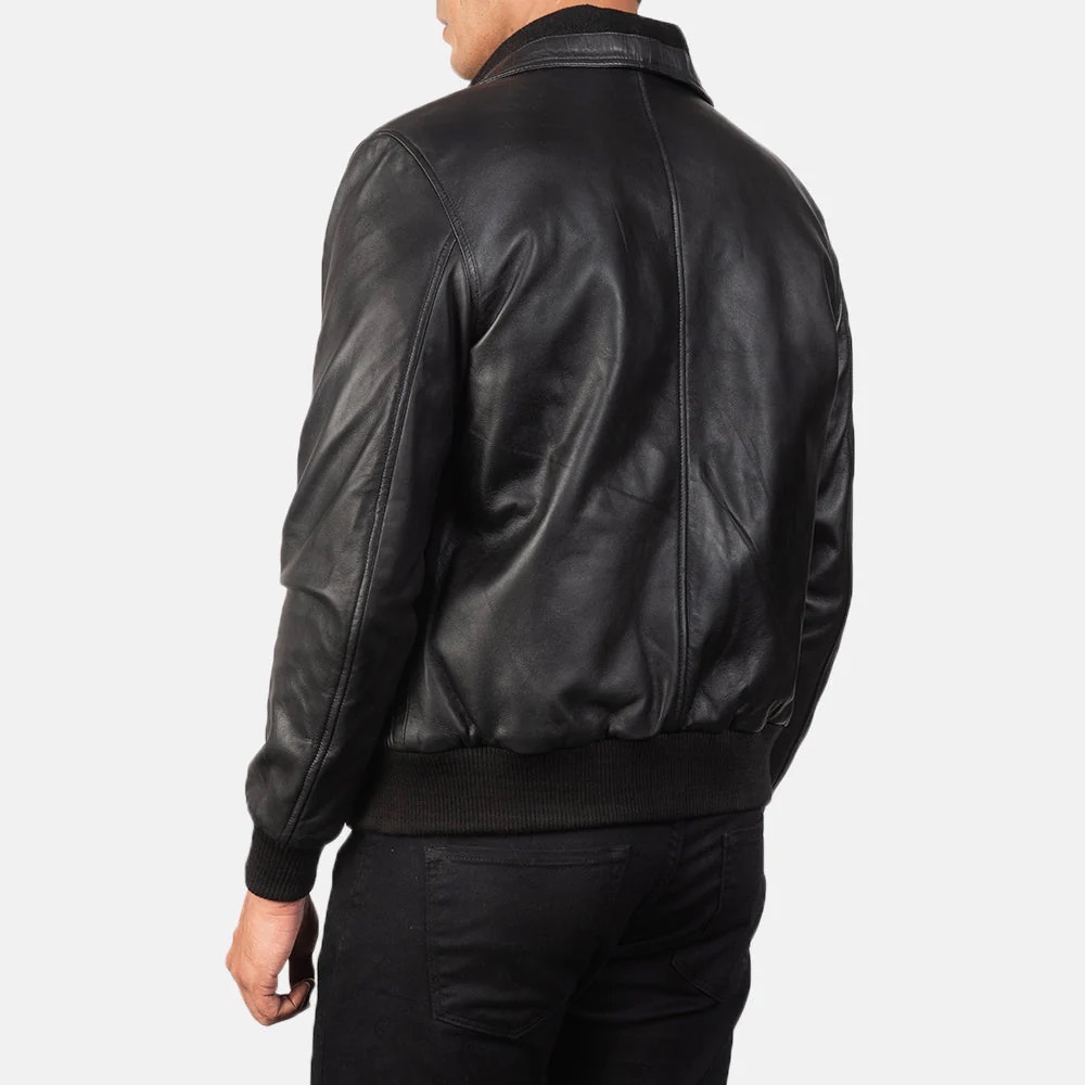 Men's Sleek Black Leather Bomber Jacket